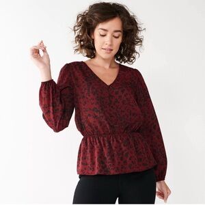 Nine West Women’s Cinched Waist V-Neck Blouse in Deep Red Cheetah Size Medium